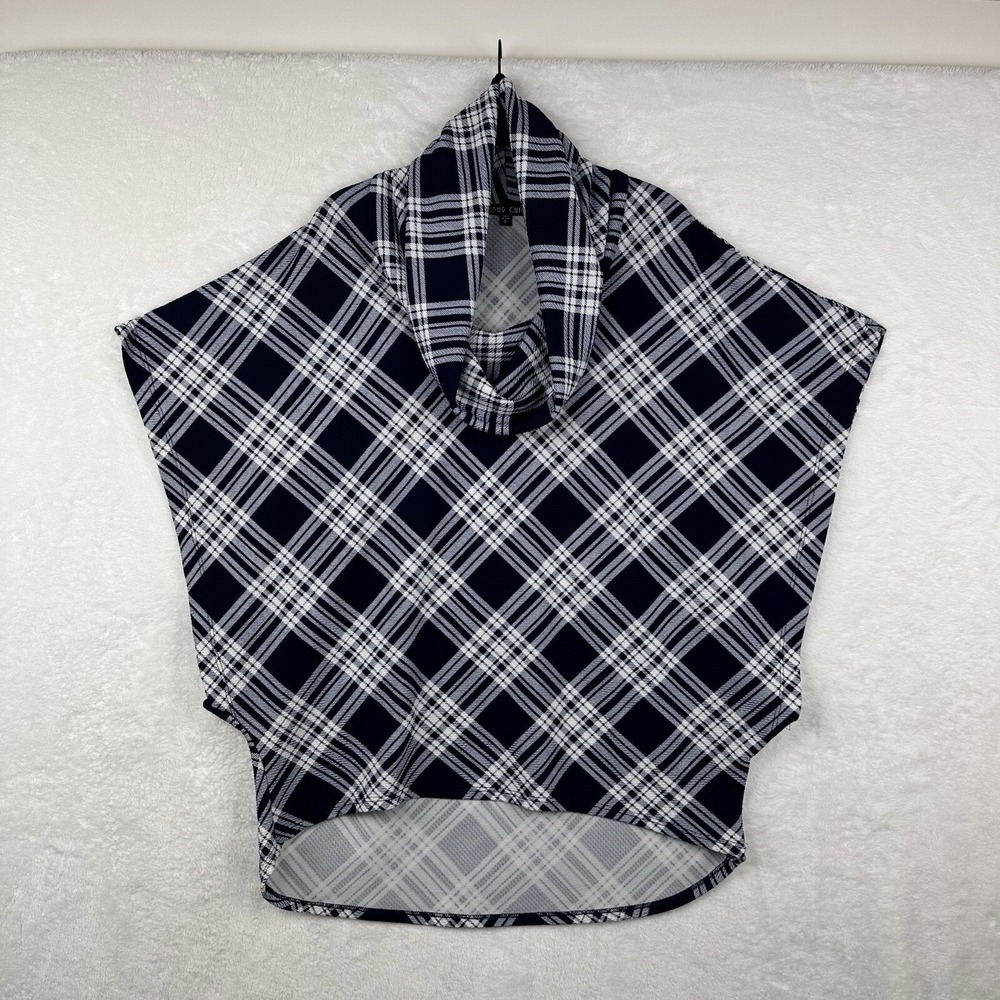 Boho Chic‎ Womens S Poncho Navy White Plaid Loose Neck EUC